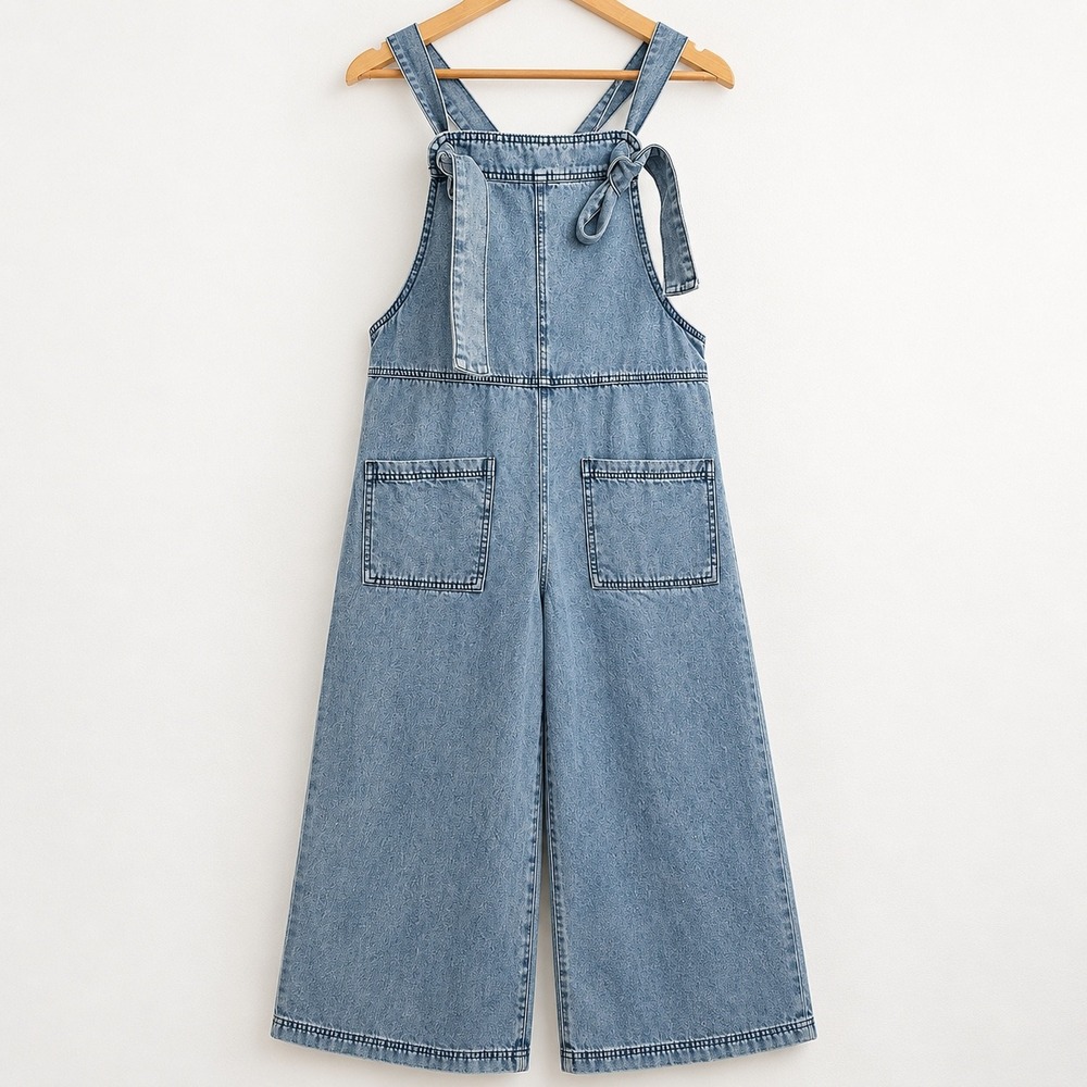 Easel EB90040 Denim Wide Leg Overalls Tie Strap Light Wash Blue Small
